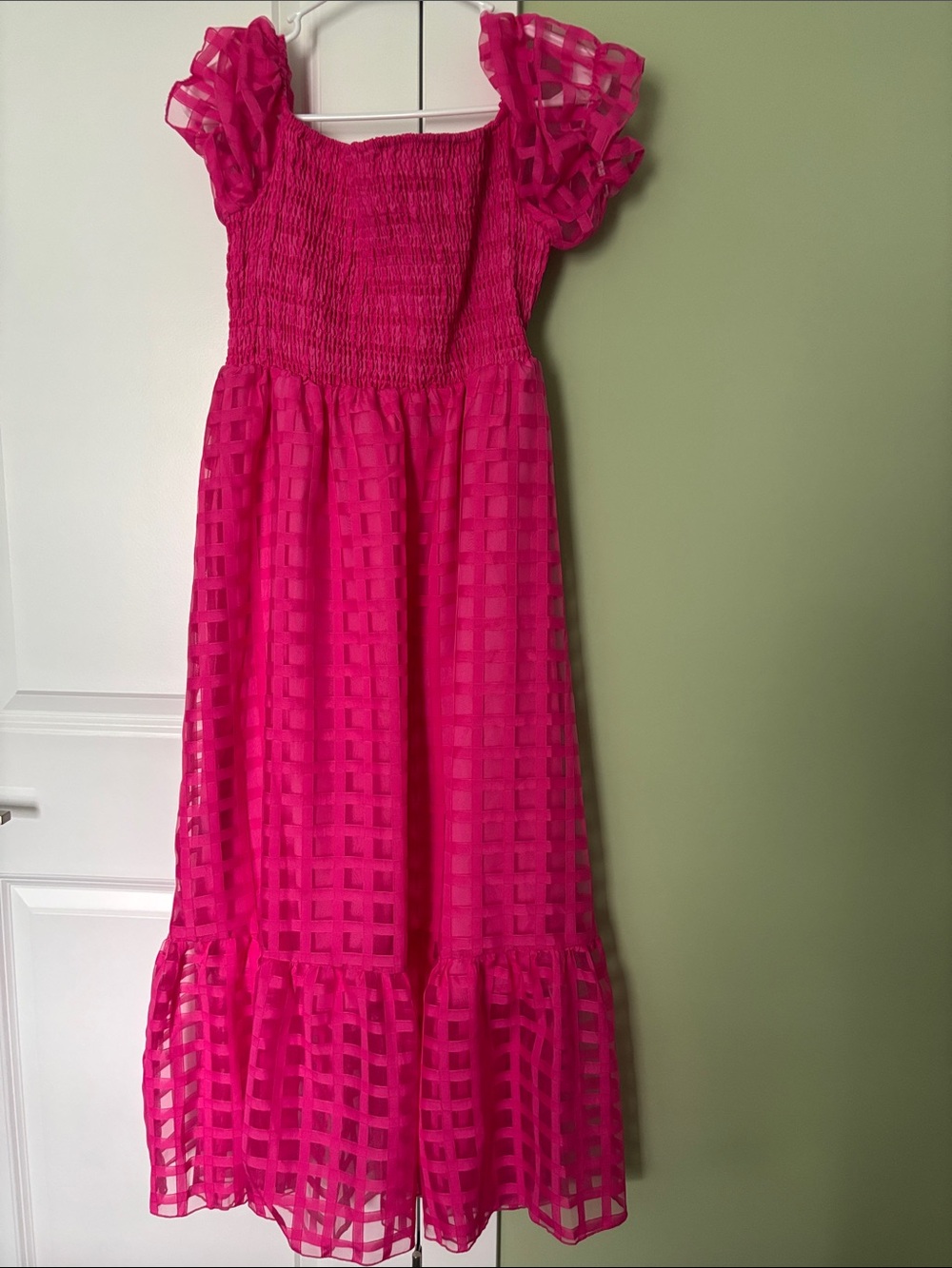 SHEIN Hot Pink Smocked Midi Dress with Puff Sleeves